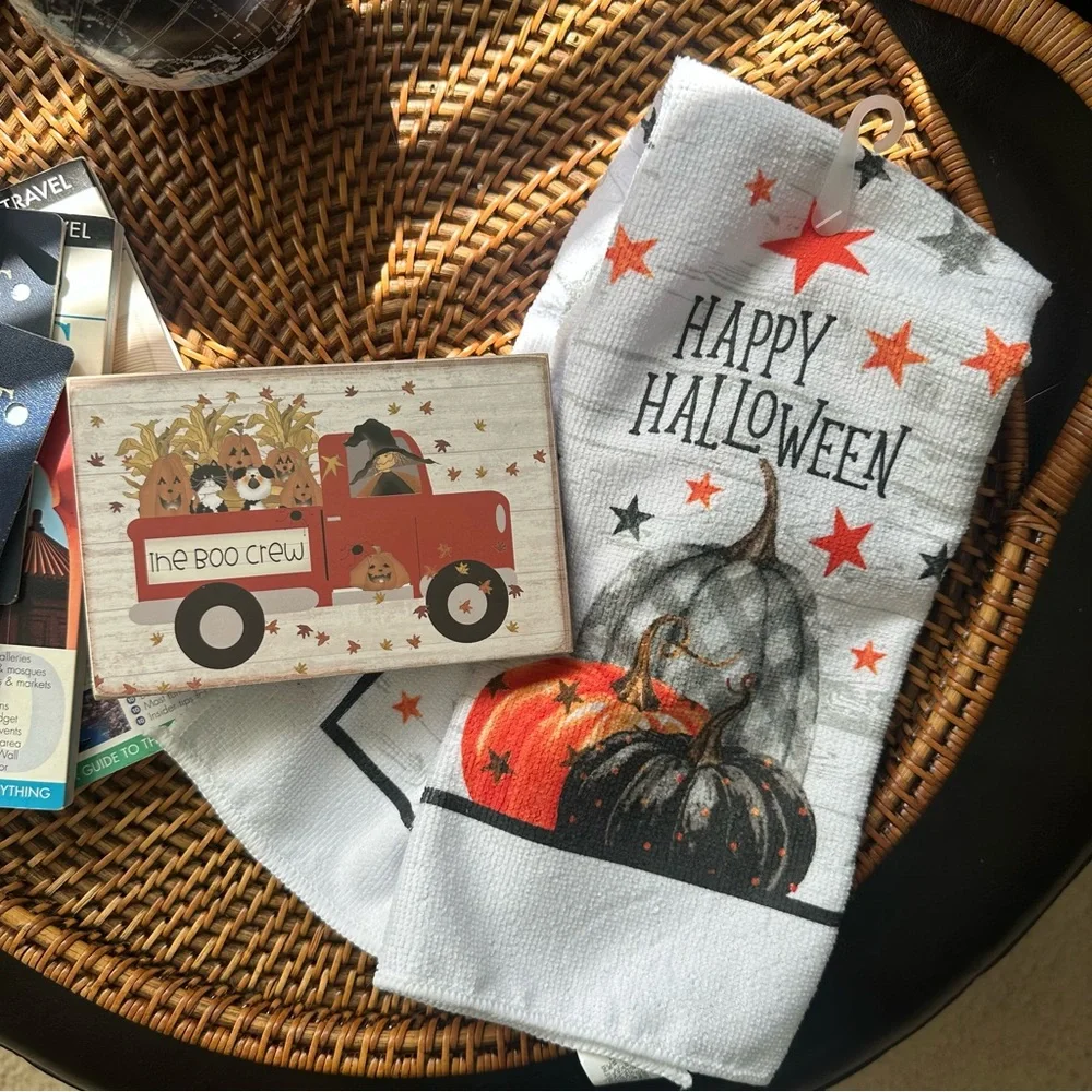 Halloween The Boo Crew Chunky Truck Wooden Sign and Happy Halloween Towel Lot